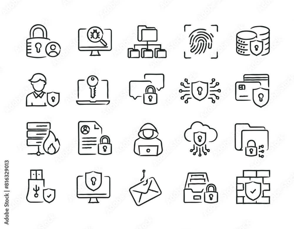 Data protection hand drawn doodle sketch style line icons. Vector illustration. Data protection hand drawn doodle sketch style line icons. Vector illustration.