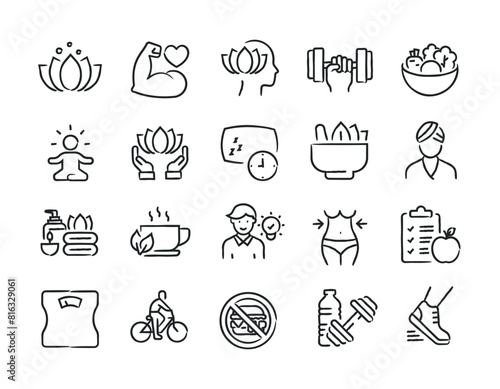 Wellness hand drawn doodle sketch style line icons. Vector illustration.