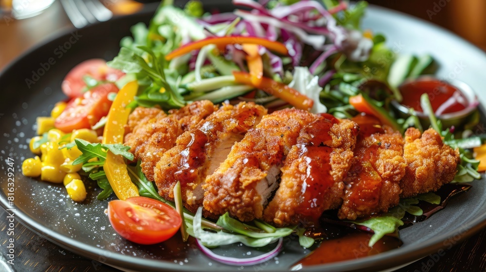 Salad garnished fried chicken steak on a plate Salad garnished fried chicken steak on a plate