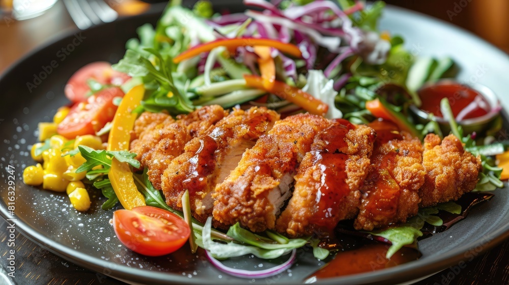 Salad garnished fried chicken steak on a plate