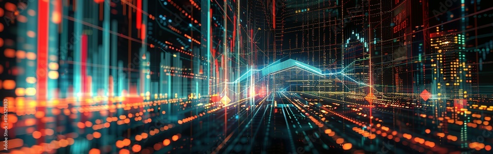 Fototapeta premium An abstract digital chart forms the backdrop, displaying stock business graphs, statistics, and diagrams illustrating data exchange within finance, trends, and trade in the economy