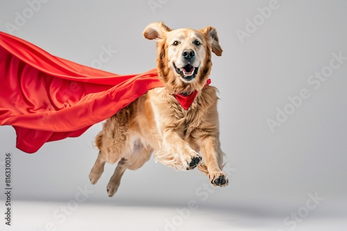 Exuberant Golden Retriever Superhero Dog in Red Cape