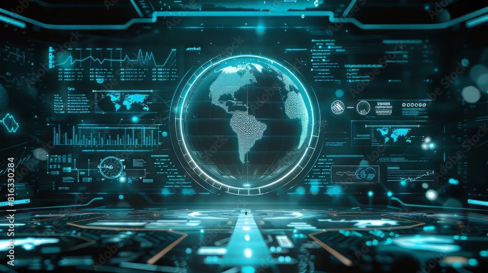 futuristic control room with a large holographic globe in the center. futuristic control room with a large holographic globe in the center.