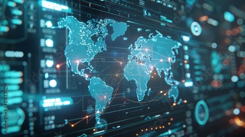 digital world map with glowing dots and lines representing data and connections.