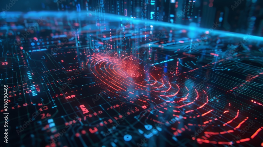 glowing red fingerprint scan over a circuit board. glowing red fingerprint scan over a circuit board.
