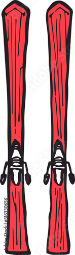 Red Ski Pair with Bindings Illustration