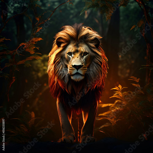 A wild lion on the night forest isolated abstract dramatic background photo