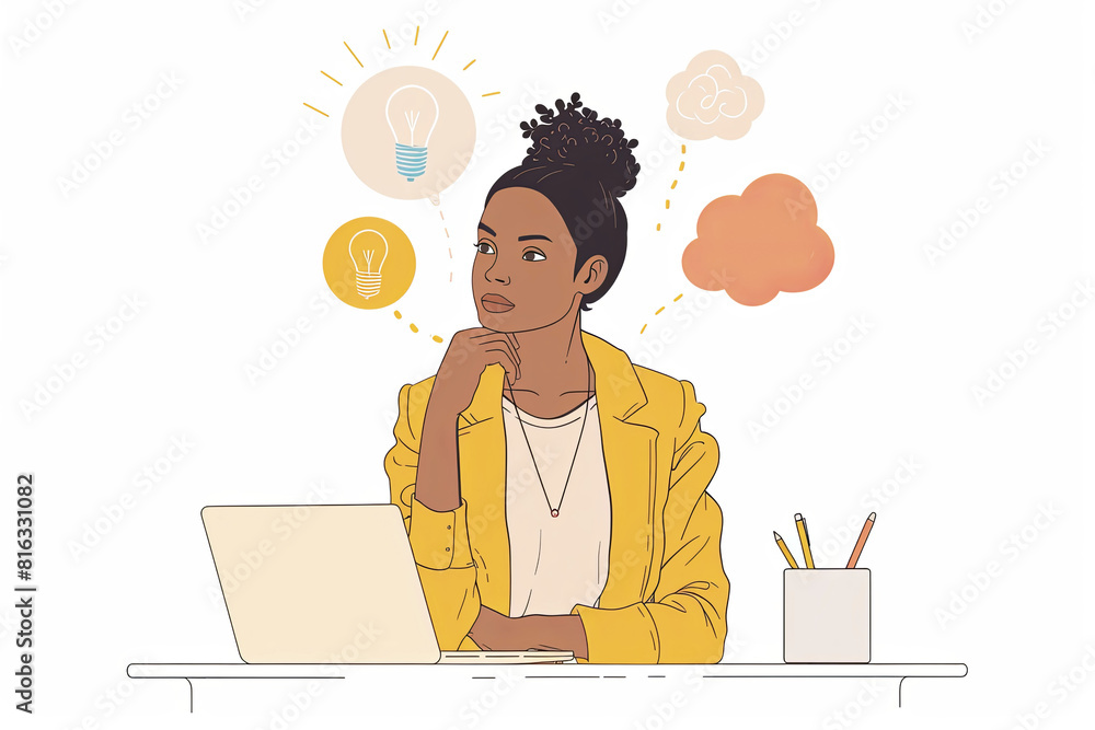 Modern home office with woman working on laptop. Vector Illustration Modern home office with woman working on laptop. Vector Illustration