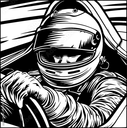 Black and White Illustration of Race Car Driver