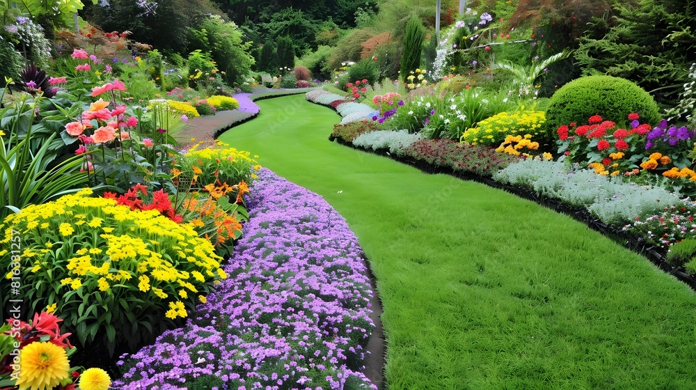 Colourful Flowerbeds and Winding Grass Pathway in an Attractive English Formal Garden