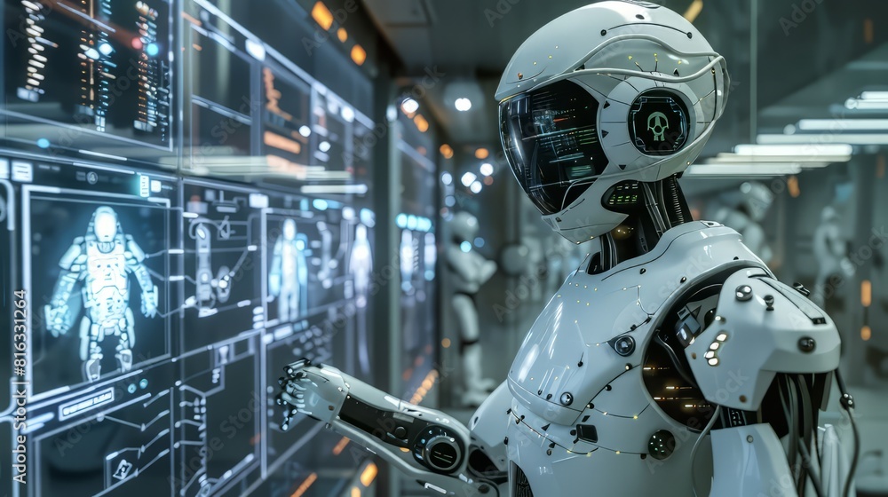 robot in a futuristic is working on a spaceship control panel. robot in a futuristic is working on a spaceship control panel.