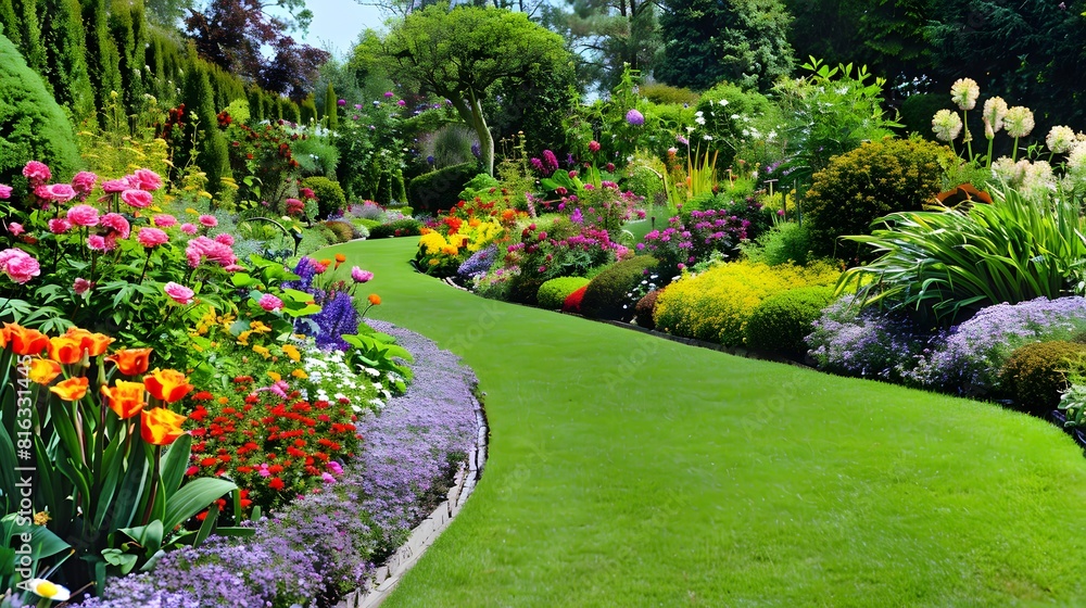 Colourful Flowerbeds and Winding Grass Pathway in an Attractive English Formal Garden Colourful Flowerbeds and Winding Grass Pathway in an Attractive English Formal Garden