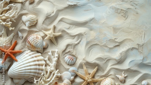 Liquid art event featuring macro photography of seashells, starfish, and arthropods on sandy beach. Patterns inspired by carmine petals and fictional characters in peach hues AIG50 photo