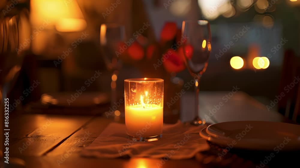 A romantic date night at home with a table set for two and a single candle burning softly creating an intimate atmosphere. A romantic date night at home with a table set for two and a single candle burning softly creating an intimate atmosphere.