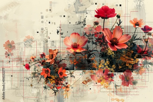 Stunning abstract digital art blending vibrant red and orange flowers with intricate geometric patterns and grunge textures.
 photo