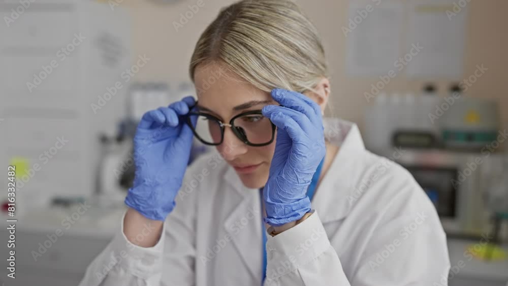 Smiling young blonde woman scientist adjusting glasses in a modern laboratory Smiling young blonde woman scientist adjusting glasses in a modern laboratory