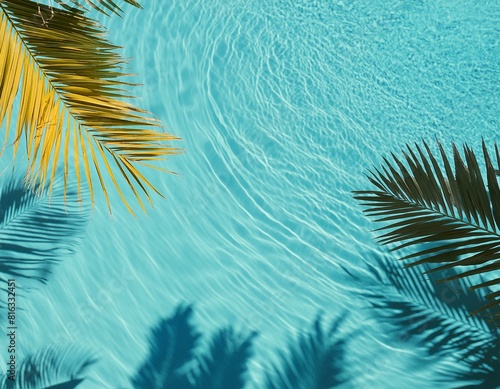 Shadows of tropical leaves on the crystal clear surface of azure blue water, view from above. Abstract banner concept background for summer beach weekend