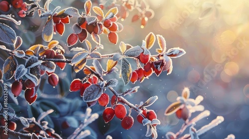 Glistening Barberry Berries Shine in the Frosty Morning Glow photo