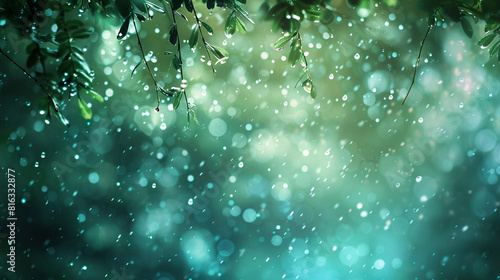  Leaves with rain dropping from them with beautiful blurred background of a rainy forest in green tones and soft lighting, warm sunlight after rain