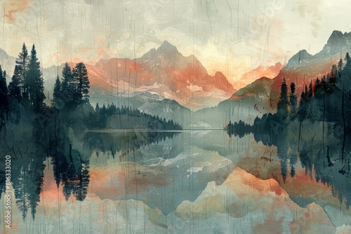 Stunning digital artwork depicting a serene mountain landscape at sunset, enhanced with textured overlays and a mirrored lake reflection.
 photo