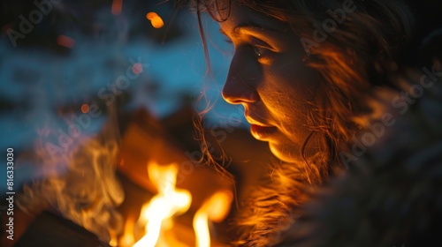 Woman Gazing at a Campfire