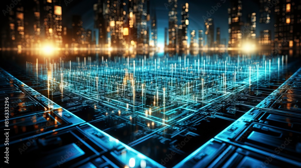 A cityscape in a light frame at night with the words data A cityscape in a light frame at night with the words data