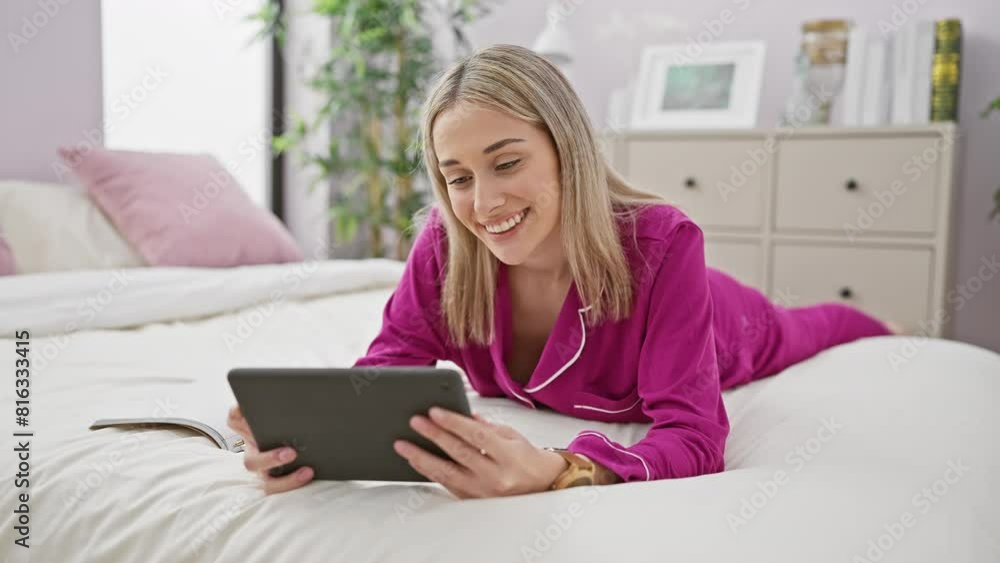 A young woman in a pink pajama lies on a white bed using a tablet in a cozy bedroom setting. A young woman in a pink pajama lies on a white bed using a tablet in a cozy bedroom setting.