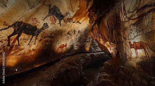 A virtual reconstruction of the Lascaux cave system, highlighting the extensive network of chambers filled with prehistoric art, Close up photo