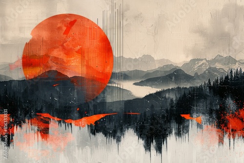 Abstract artwork featuring a dramatic mountain landscape under a large red sun, with silhouetted birds flying across a grungy textured background.
 photo