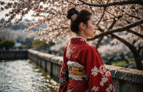 Woman in Red Kimono under the cherry tree