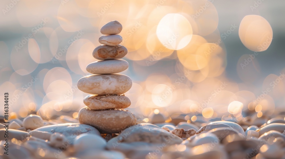 Obraz premium Zen Stones Stacked On Beach At Sunrise
