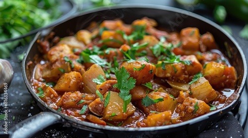 Sauteed taro roots with a flavorful onion and tomato gravy topped with fresh coriander photo