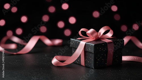 Black gift box with pink ribbon, perfect for presenting surprise gifts for birthdays, holidays, Valentines Day, black friday, or special occasions. photo