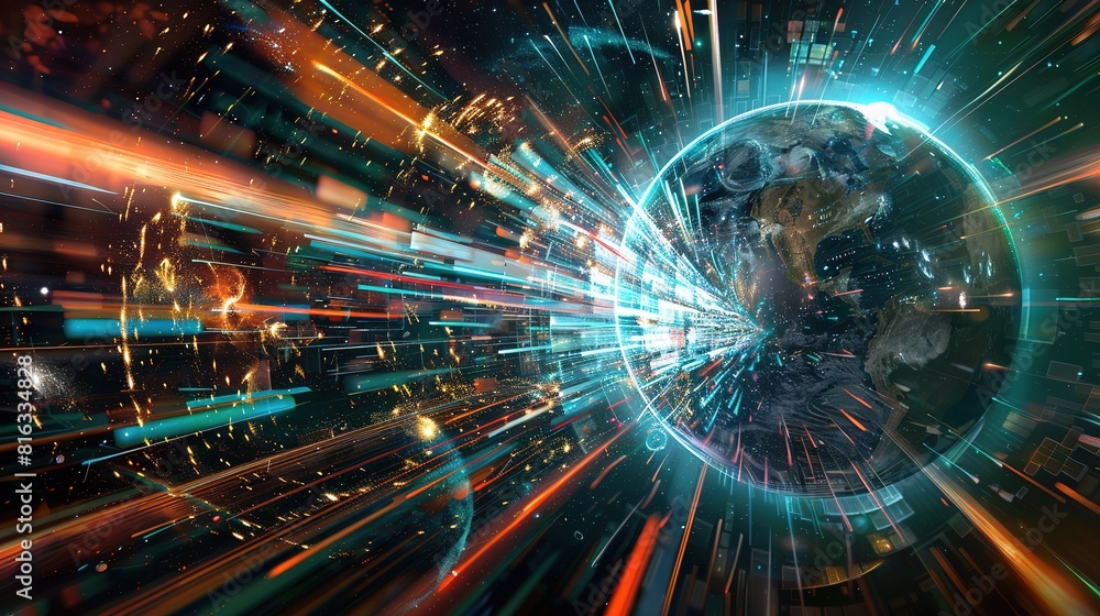 The digital globe spins out of control, propelled by the extreme velocity of the global network connectivity across Earth. Data transfer speeds, fueling a frenzy of business transactions The digital globe spins out of control, propelled by the extreme velocity of the global network connectivity across Earth. Data transfer speeds, fueling a frenzy of business transactions