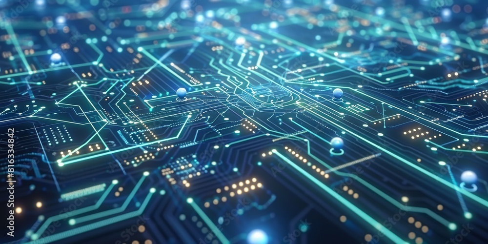 Close-Up Illustration of Futuristic Circuit Board with Glowing Lines and Components, Depicting Advanced Technology and Digital Innovation Close-Up Illustration of Futuristic Circuit Board with Glowing Lines and Components, Depicting Advanced Technology and Digital Innovation