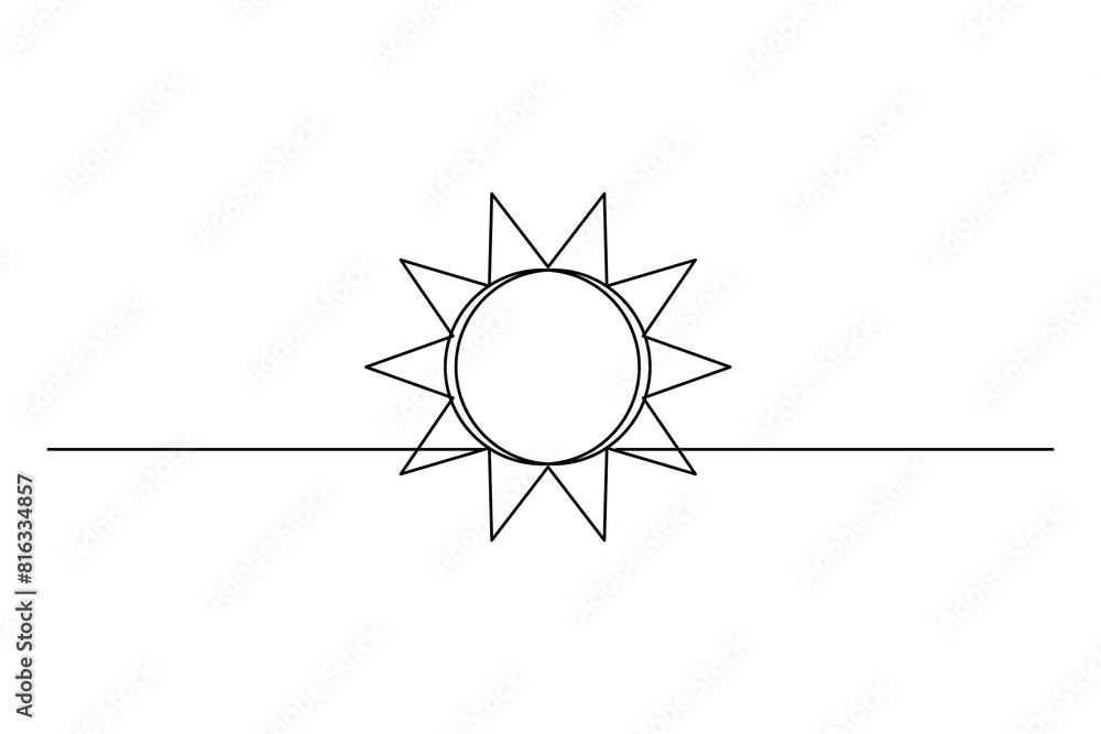 Fototapeta premium Minimalist illustration of the sun on the horizon, drawn with a single line, featuring a simple and clean design.