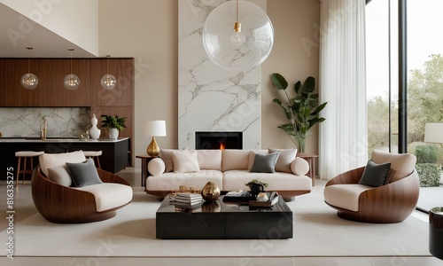 Mid-Century Elegance Double-Height Bedroom with Bubble Puff Sectional Sofa