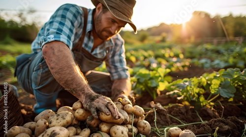 farmer show his organic potato harvest at field