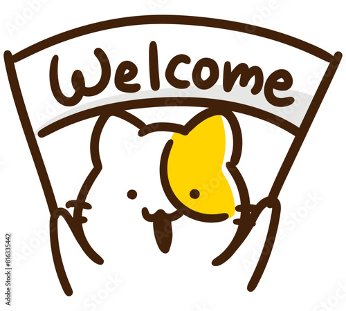 Welcomeの弾幕を掲げるかわいいねこのキャラクターのデフォルメイラスト