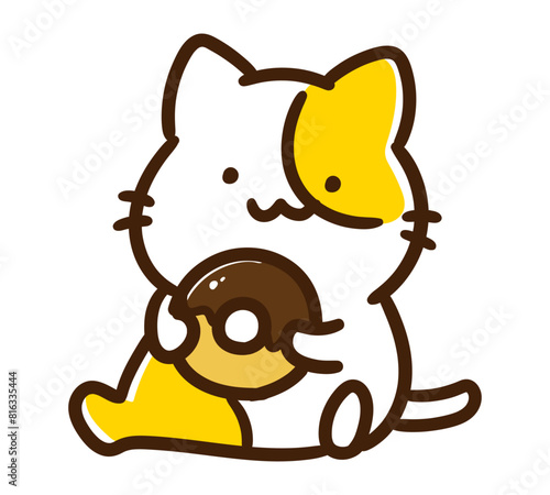 チョコレートのかかったドーナツをもつかわいいねこのキャラクターのデフォルメイラスト
