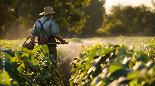 Farmer spraying soybean field with pesticides and herbicides