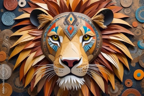 Abstract lion face in tribal mandala mixed media collage art 