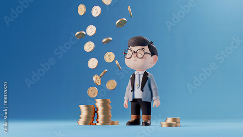 A cute 3D male character wearing glasses and a suit, surrounded by coins, with a blue background. photo