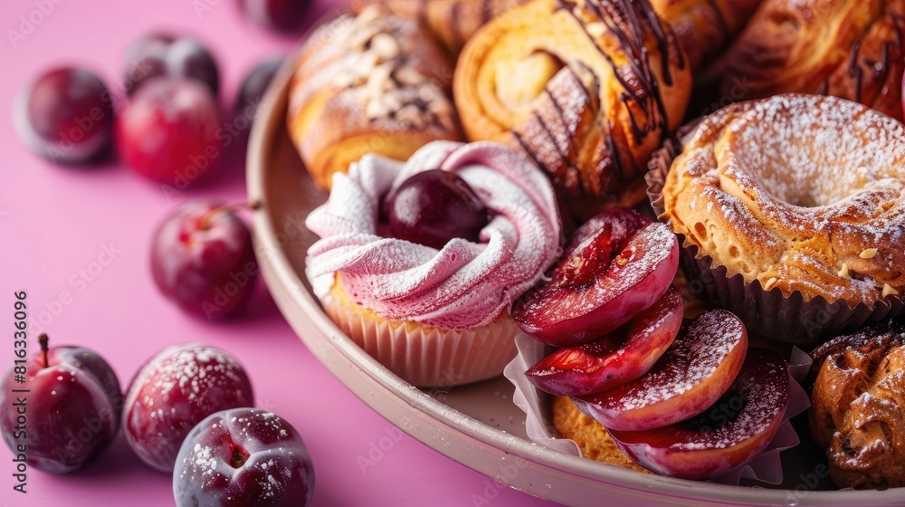 Close up of assorted delectable baked goods in a tray with plums on a pink table Close up of assorted delectable baked goods in a tray with plums on a pink table