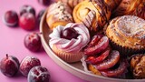 Close up of assorted delectable baked goods in a tray with plums on a pink table