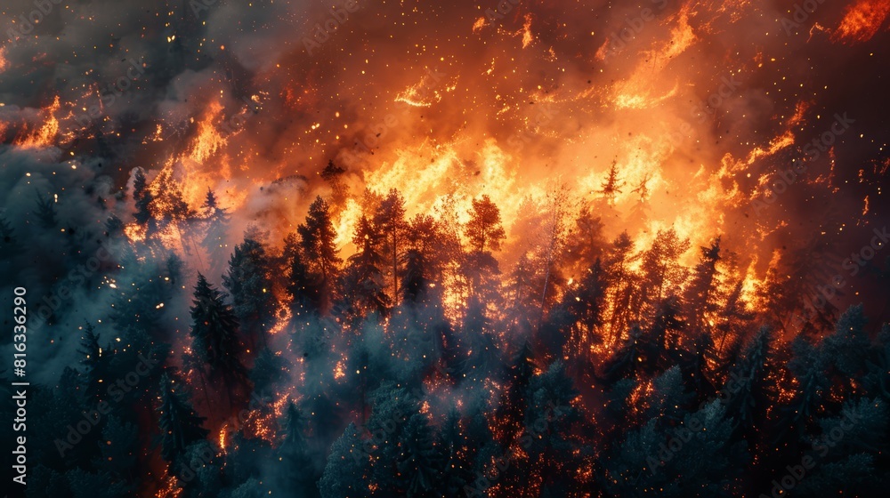 Aerial view of forest fire, flames and smoke engulfing trees in battle field Aerial view of forest fire, flames and smoke engulfing trees in battle field