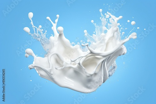 White milk or yogurt splash in wave shape isolated on blue background Generative AI