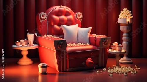 Cinema interior with red armchair and popcorn. photo