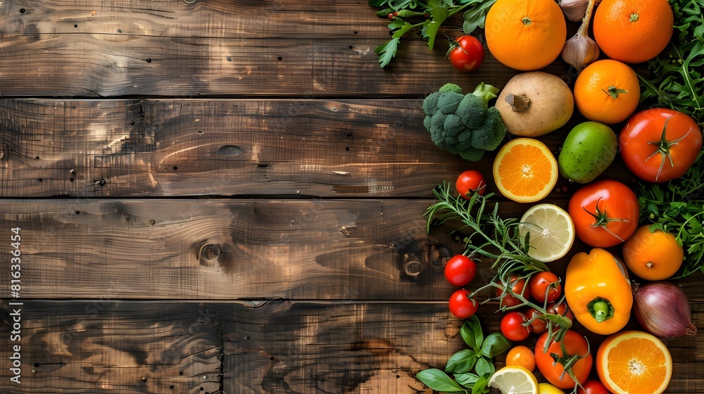 Fresh farmers market fruit and vegetable from above with copy space on brown wood Fresh farmers market fruit and vegetable from above with copy space on brown wood