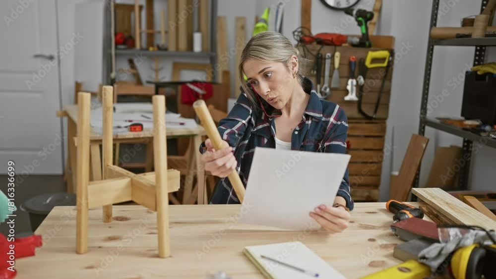 A focused woman carpenter examines a document in a well-equipped workshop. A focused woman carpenter examines a document in a well-equipped workshop.